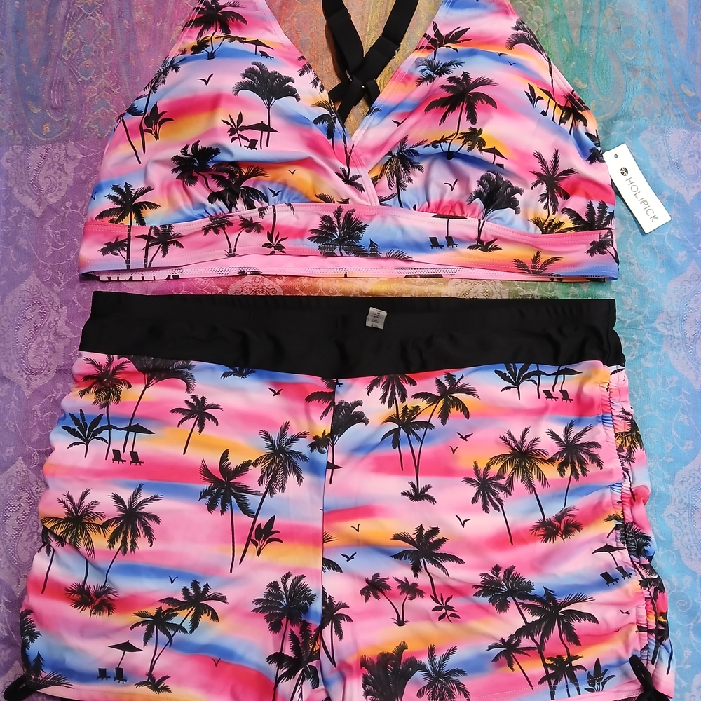 Holipick Pink/Blue Coconut Tree Print 2 Piece Swimsuit